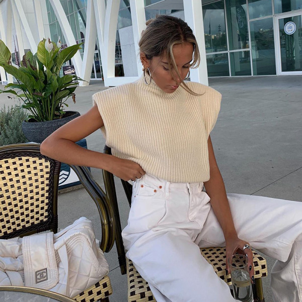 New solid color wool knit sweater sexy temperament high-neck short-sleeved sweater top women