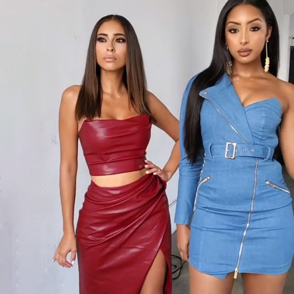 New women's sexy faux leather T-shirt Slim bag hip slit skirt suit women