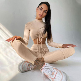 New solid color long-sleeved ruffled tethered sports yoga suit for women