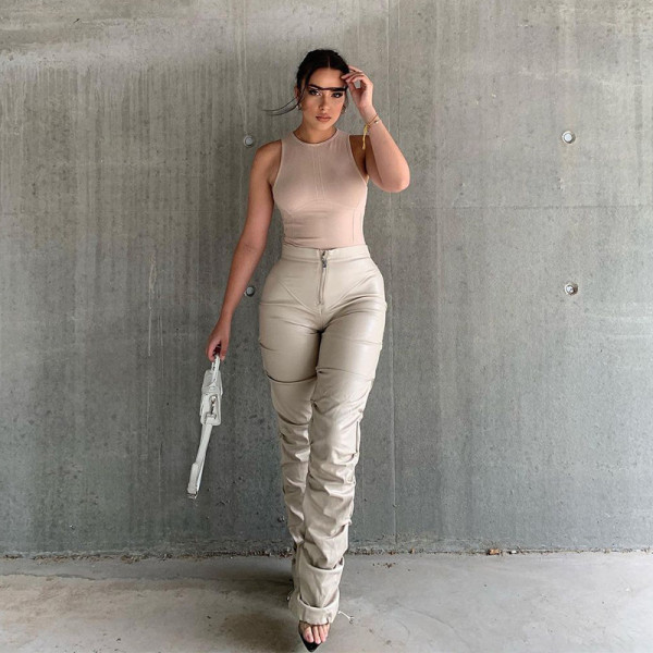 Women's new high-waist bag hip fashion street style casual footwear imitation leather trousers women