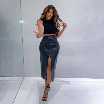 New women's casual solid color slit high waist bag hip slim temperament skirt women