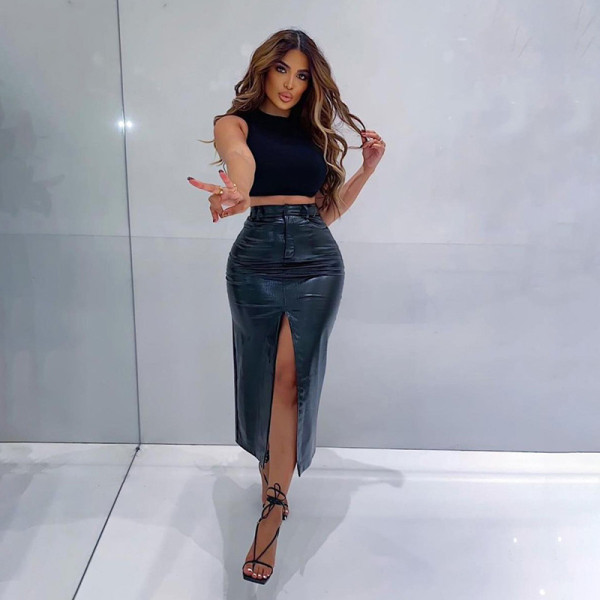 New women's casual solid color slit high waist bag hip slim temperament skirt women