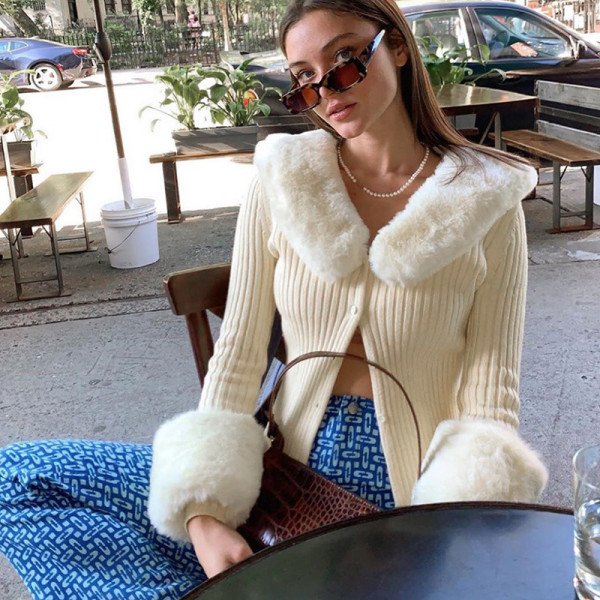 Winter new style long-sleeved blouse sexy furry collar knitted jacket blouse women