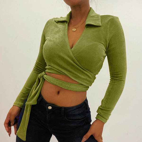 New sexy slim-fit lace lapel knitted top all-match
