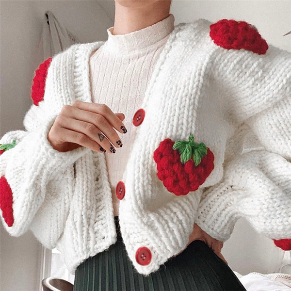 Women's Fashion Design Single-breasted V-neck Knit Cardigan Strawberry Long Sleeve Sweater