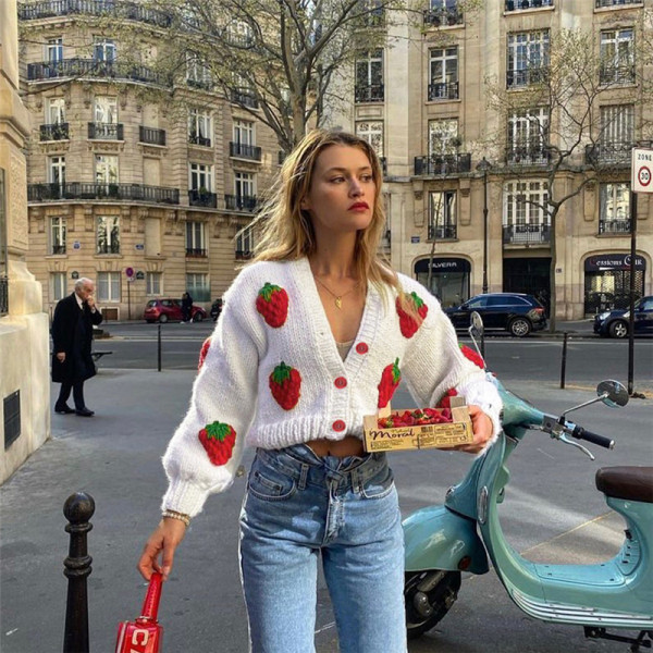 Women's Fashion Design Single-breasted V-neck Knit Cardigan Strawberry Long Sleeve Sweater