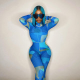 New round neck long-sleeved printed jumpsuit