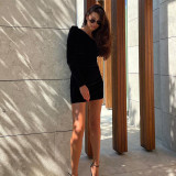 New one-shoulder slanted side long-sleeved solid color dress
