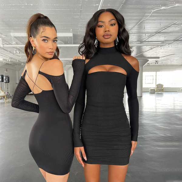 New sexy hollow strapless high neck slim fit hip dress