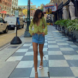 Explosive new style wood ear lace deep V-neck long-sleeved transparent top