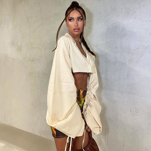 New style suit collar drawstring long sleeve crop top