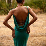 New lace sling metal chain halter back split dress