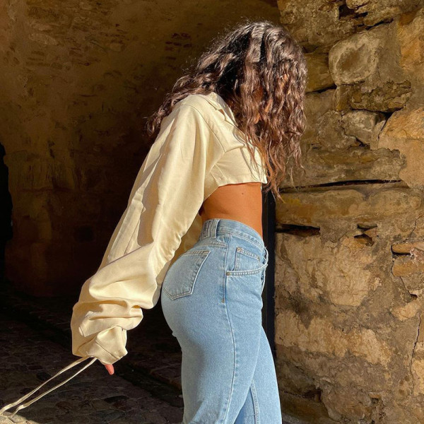 New style suit collar drawstring long sleeve crop top