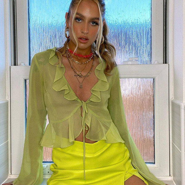 Explosive new style wood ear lace deep V-neck long-sleeved transparent top