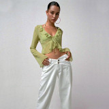 Explosive new style wood ear lace deep V-neck long-sleeved transparent top