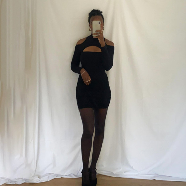 New sexy hollow strapless high neck slim fit hip dress
