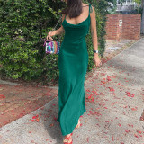 New lace sling metal chain halter back split dress