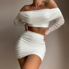 New sexy one-word neck mesh splicing two-piece fashion casual suit women