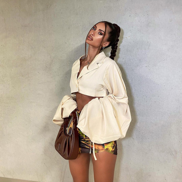 New style suit collar drawstring long sleeve crop top
