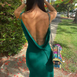 New lace sling metal chain halter back split dress