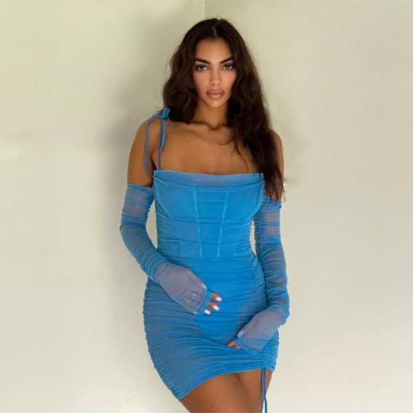 The new one-line neck mesh see-through stitching sexy suspender dress