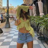 Explosive new style wood ear lace deep V-neck long-sleeved transparent top