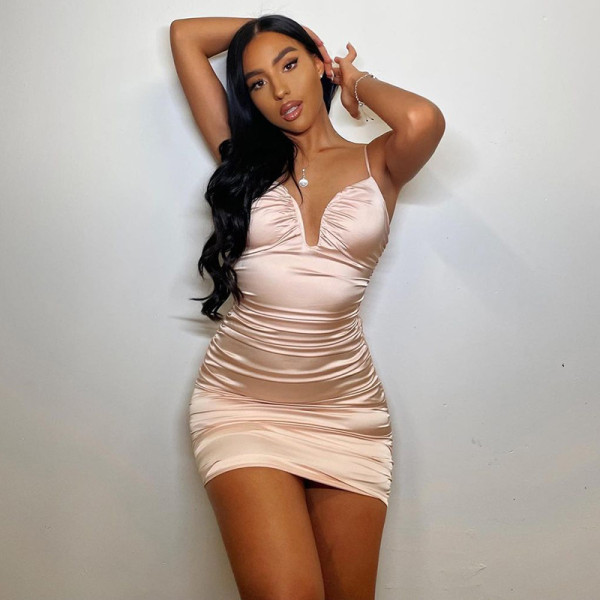 New deep V sling open back pleated dress