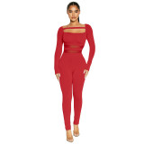 New solid color square neck mesh stitching sports fitness jumpsuit