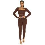 New solid color square neck mesh stitching sports fitness jumpsuit