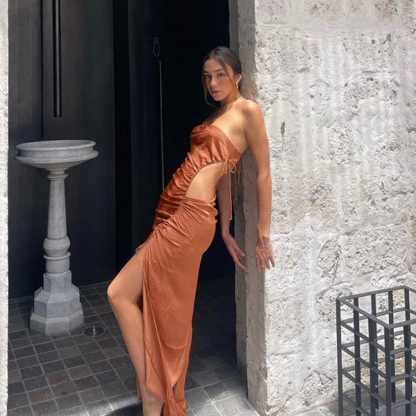 New sexy sling halter fashion slit pleated dress