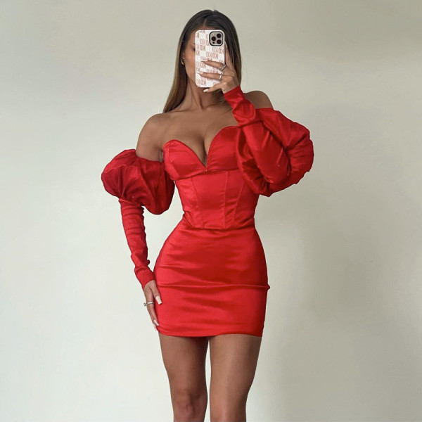 New sexy solid color wrap chest open back puff sleeve dress