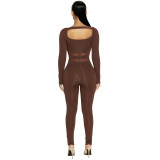 New solid color square neck mesh stitching sports fitness jumpsuit