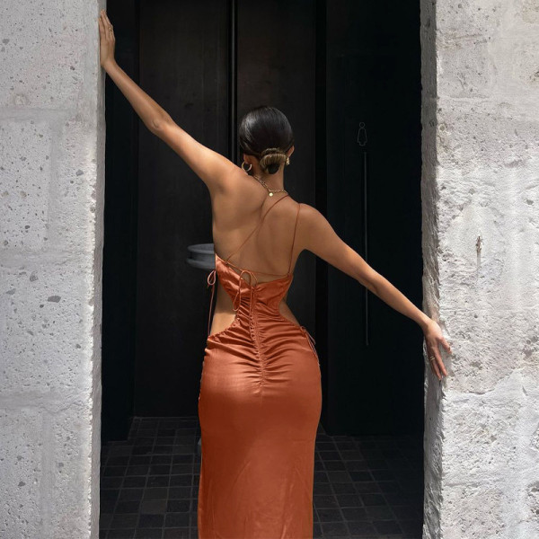 New sexy sling halter fashion slit pleated dress