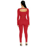 New solid color square neck mesh stitching sports fitness jumpsuit