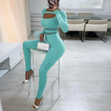 New solid color square neck mesh stitching sports fitness jumpsuit