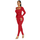 New solid color square neck mesh stitching sports fitness jumpsuit