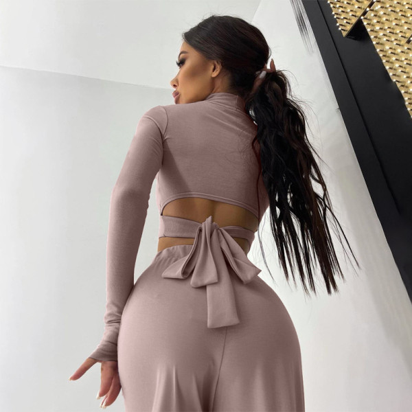Women's two-piece sports and leisure suits with new solid color high-neck long-sleeved trousers