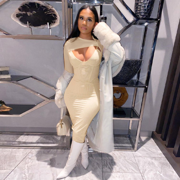 New Women's Solid Color Long Sleeve Slim Mid-length Dress Fashion Sexy Hollow Hip Dress