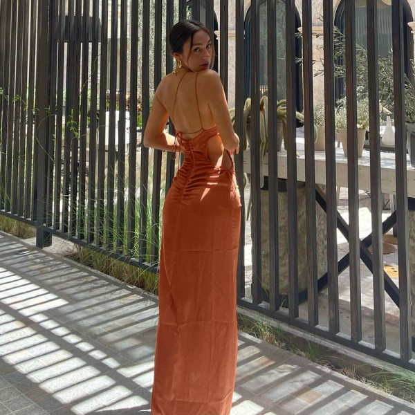 New sexy sling halter fashion slit pleated dress