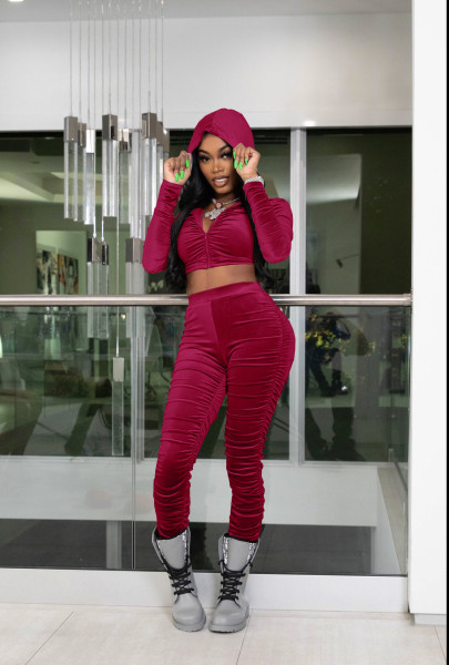 Women's Korean velvet pleated hooded casual two-piece suit