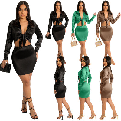 Women's spring new style long-sleeved tie shirt skirt suit