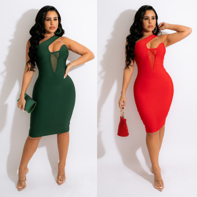 Sexy one-shoulder see-through net irregular dress nightclub clothes