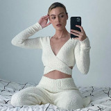 New solid color casual long-sleeved top and trousers with umbilical straps