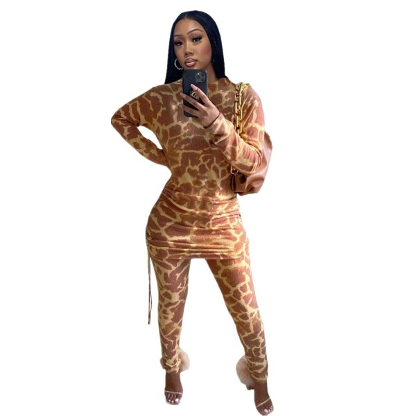 Women's fashion leopard print stitching long-sleeved bag hip high-waist dress + trousers suit