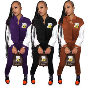 Color matching women's jacket suit single-breasted stitching long-sleeved baseball uniform two-piece women