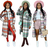 Women's classic plaid print woolen long coat dress