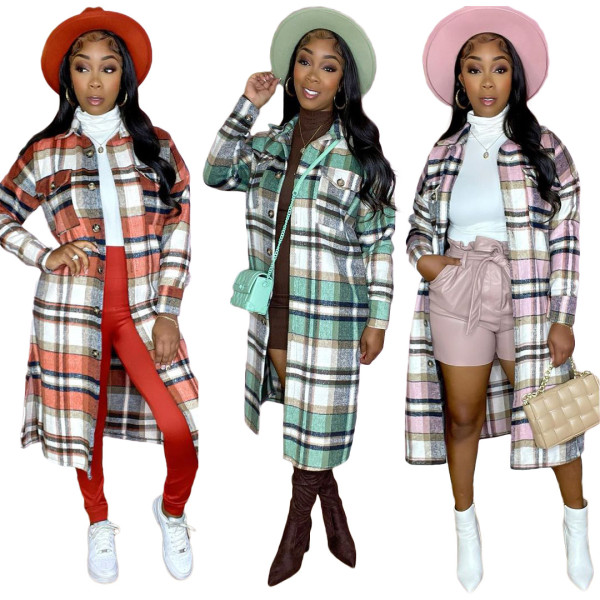 Women's classic plaid print woolen long coat dress