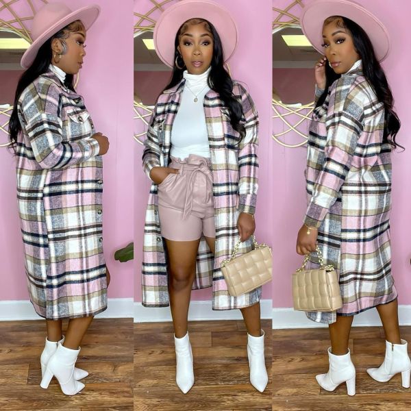 Women's classic plaid print woolen long coat dress