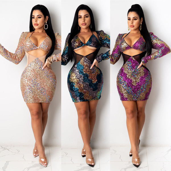 Sexy temperament commuter printing sequined long-sleeved dress nightclub clothes