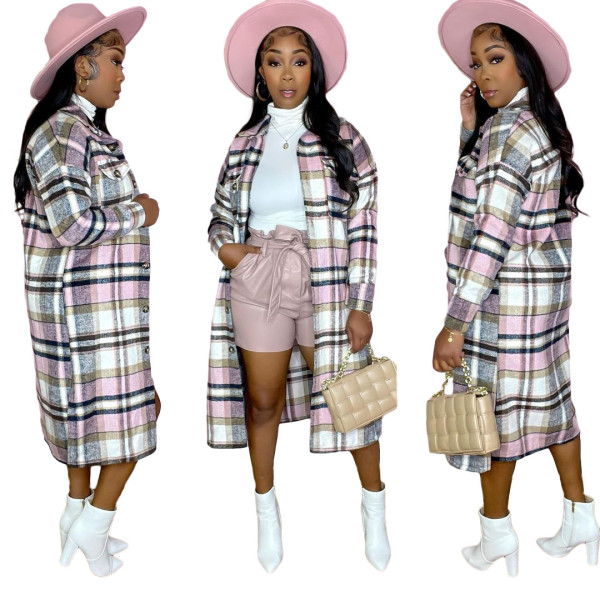 Women's classic plaid print woolen long coat dress
